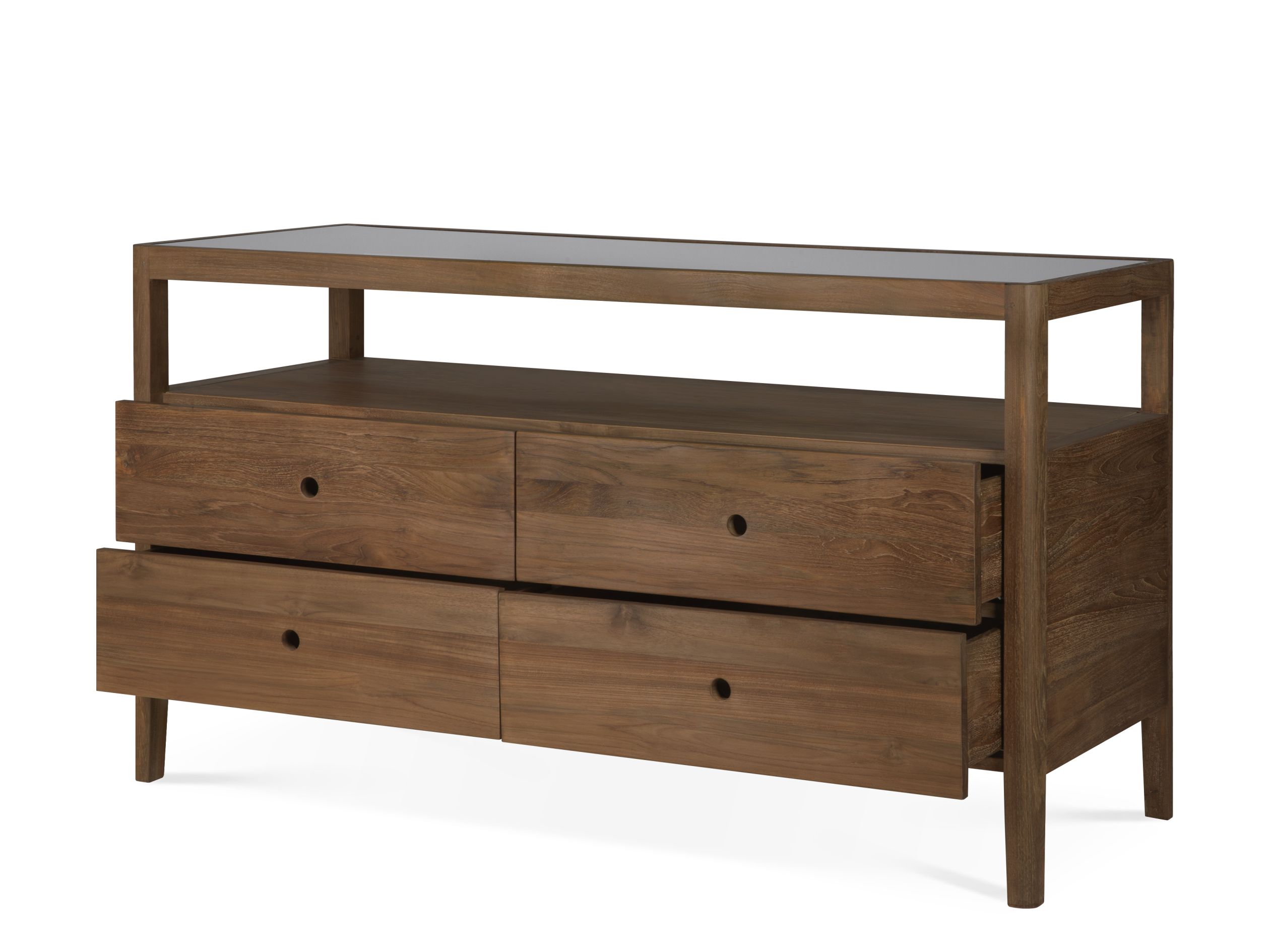 Ethnicraft Spindle Kommode aus Teakholz mit vier Schubladen und Ablagefläche. Hochwertige Möbel für Wohnzimmer.