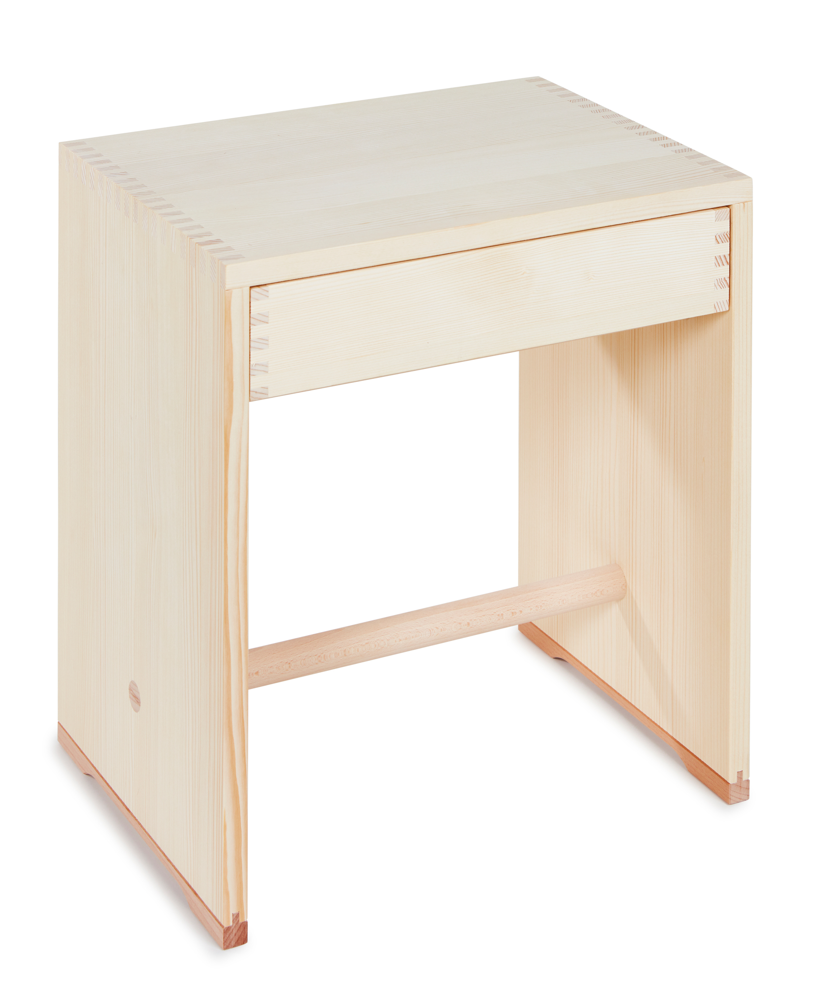 Ulmer Hocker mit Schublade aus hellem Naturholz, vielseitig einsetzbar als Sitzgelegenheit oder Beistelltisch.