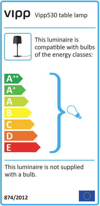 Energieeffizienzlabel der Vipp Tischleuchte, kompatibel mit Leuchtmitteln der Energieklassen A++ bis E, ohne Leuchtmittel.