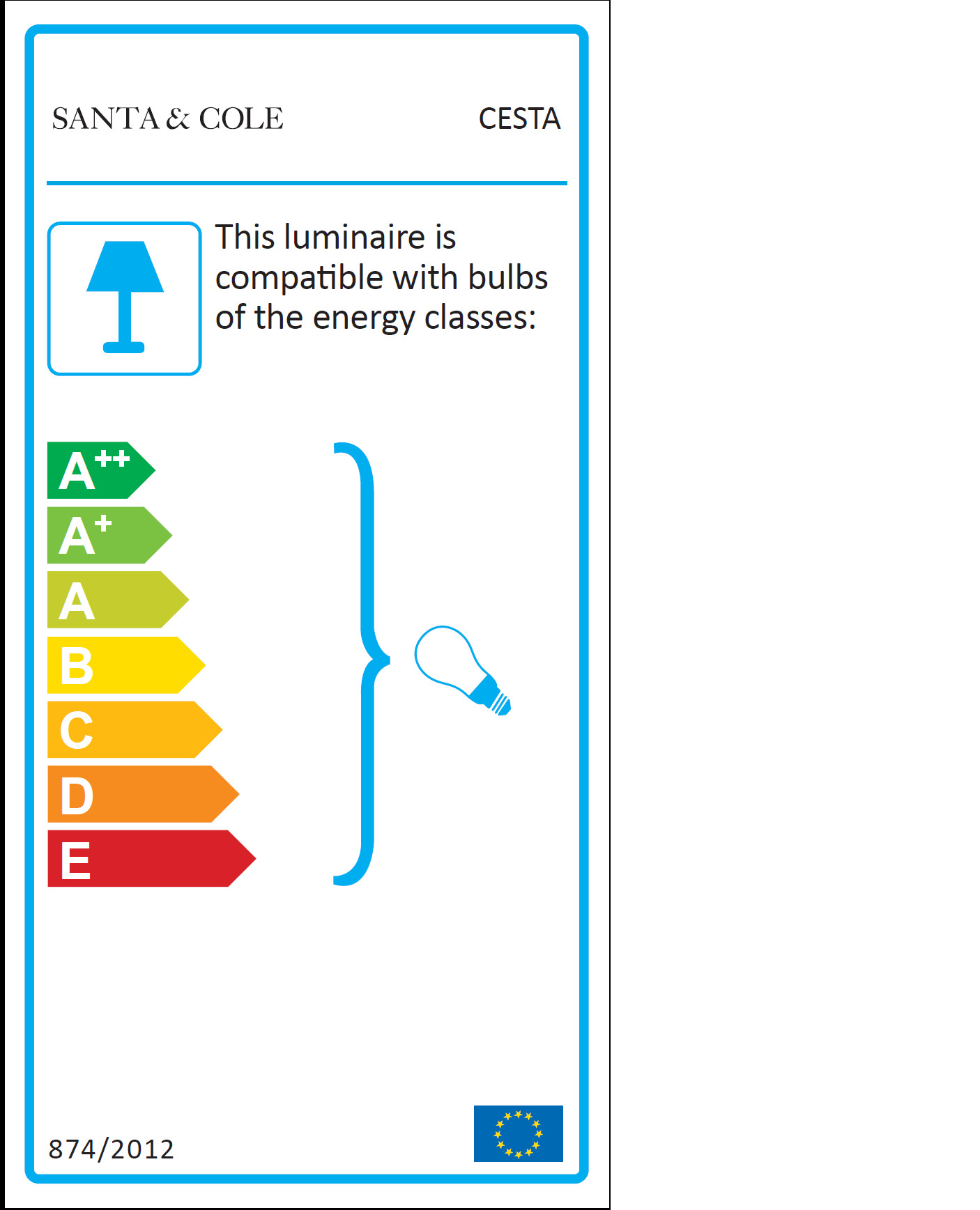 Energieeffizienzlabel für Santa & Cole Cesta Tischleuchte, kompatible Leuchtmittel von A++ bis E.