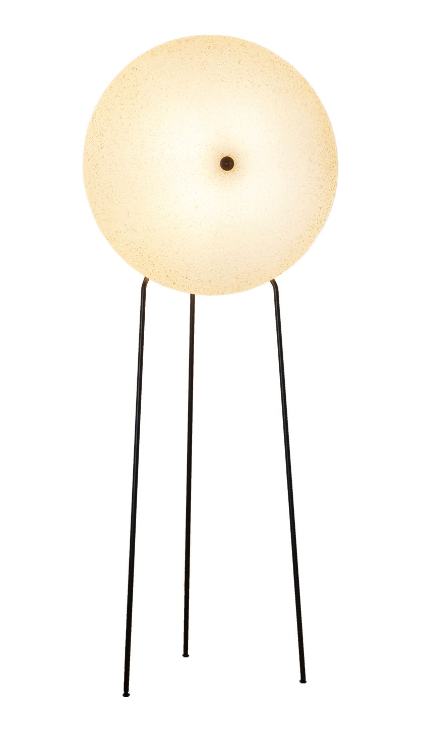 Rificolona Stehleuchte von Miniforms: Runde Lampe mit drei schwarzen Beinen, modernes Design.