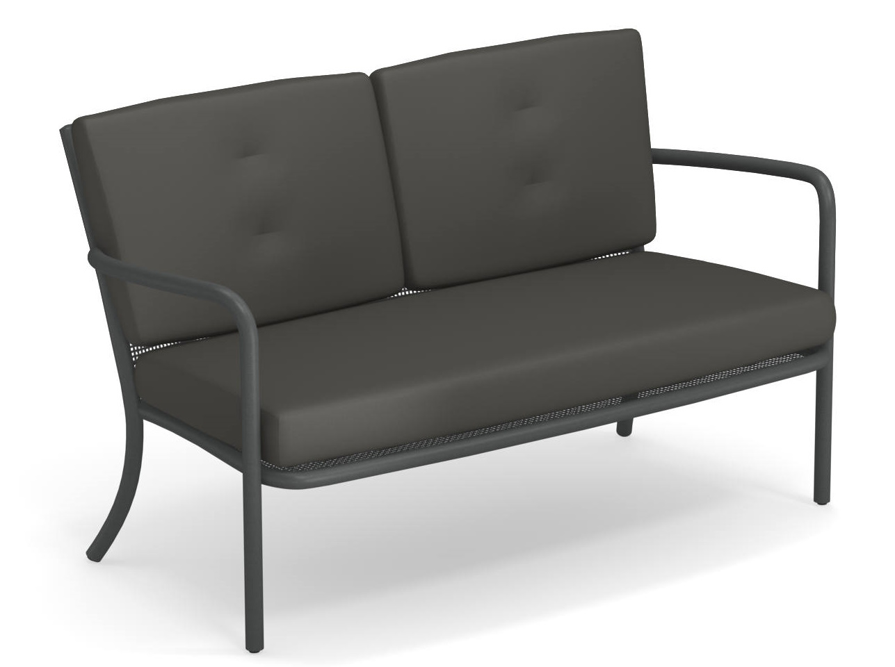 Graues Athena 2-Sitzer Sofa für den Außenbereich mit bequemen Kissen und modernem Design.