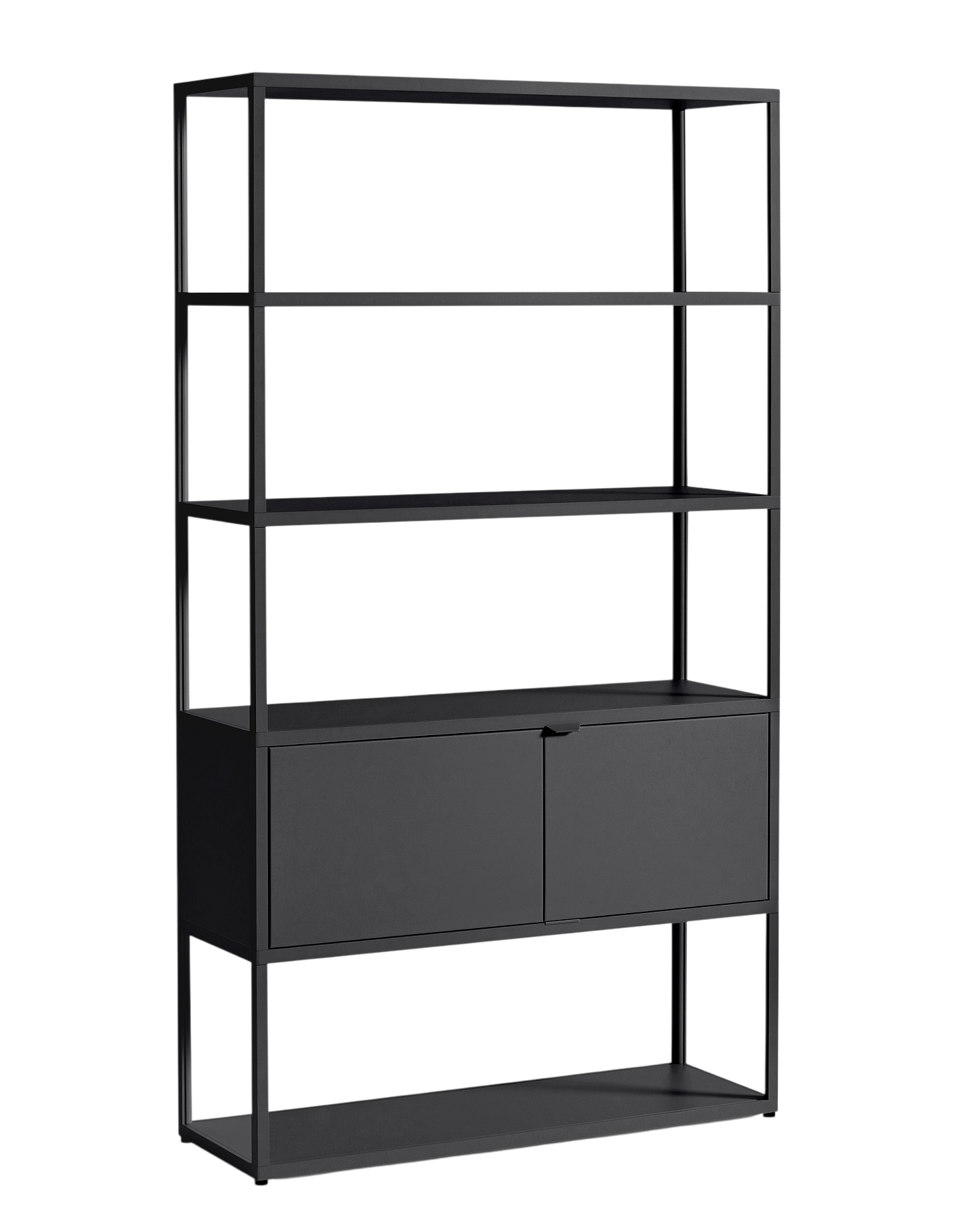 Schwarzes New Order Sideboard von Hay mit Regalen und zwei Schranktüren.