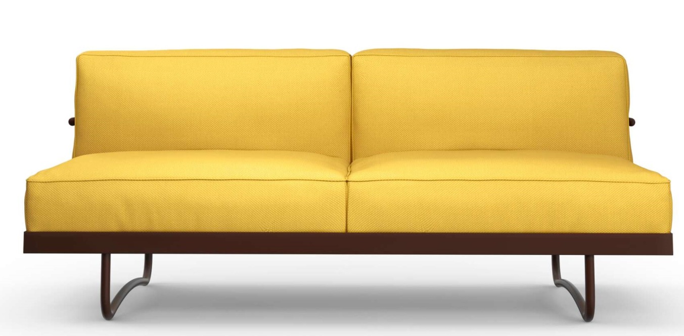 Gelbes LC5 Canapé Sofa von Cassina mit braunem Gestell, modernes Design für Wohnzimmer.