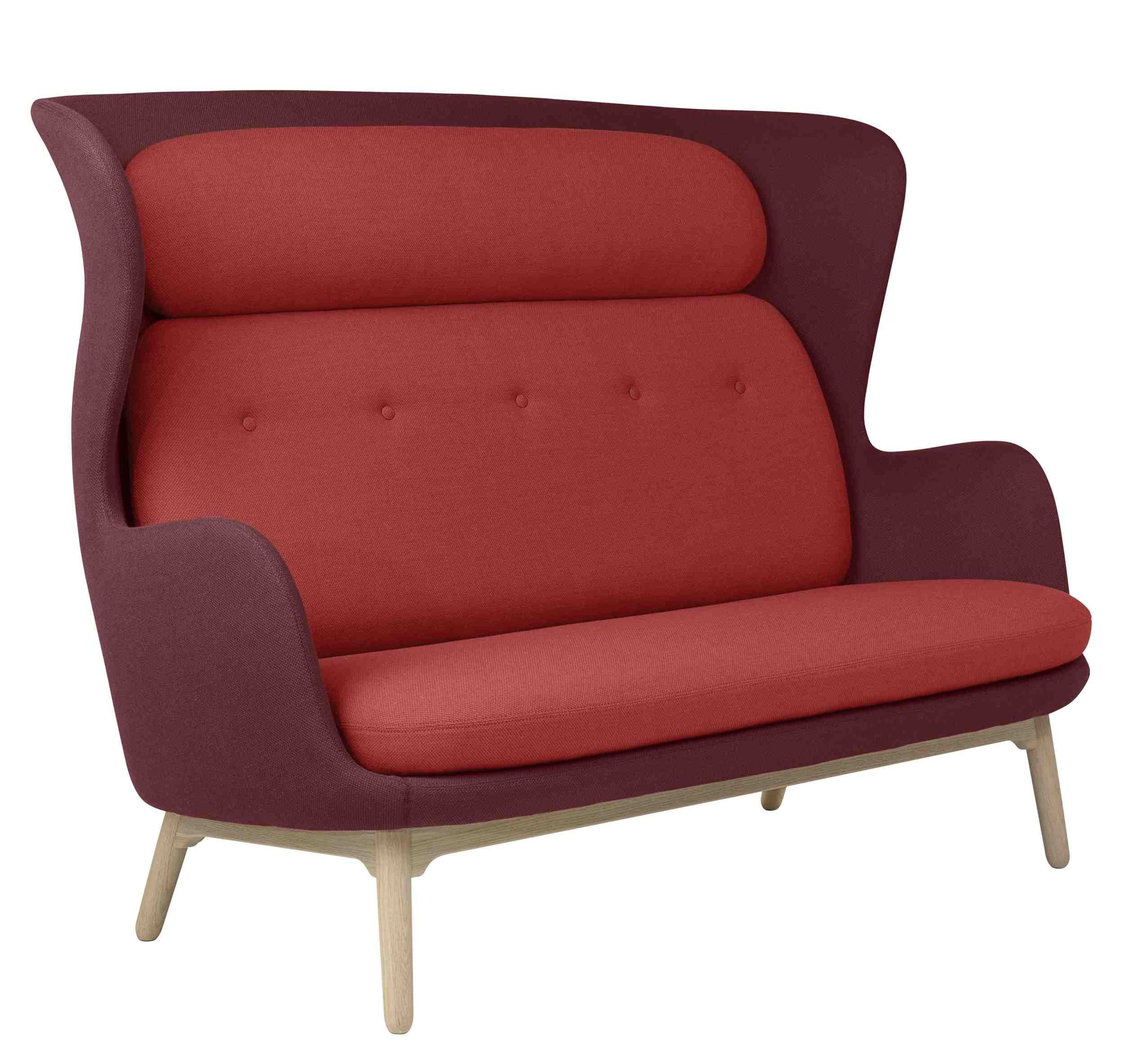 Ro Sofa von Fritz Hansen, 2-Sitzer in Rot und Burgunderrot, modernes skandinavisches Design.