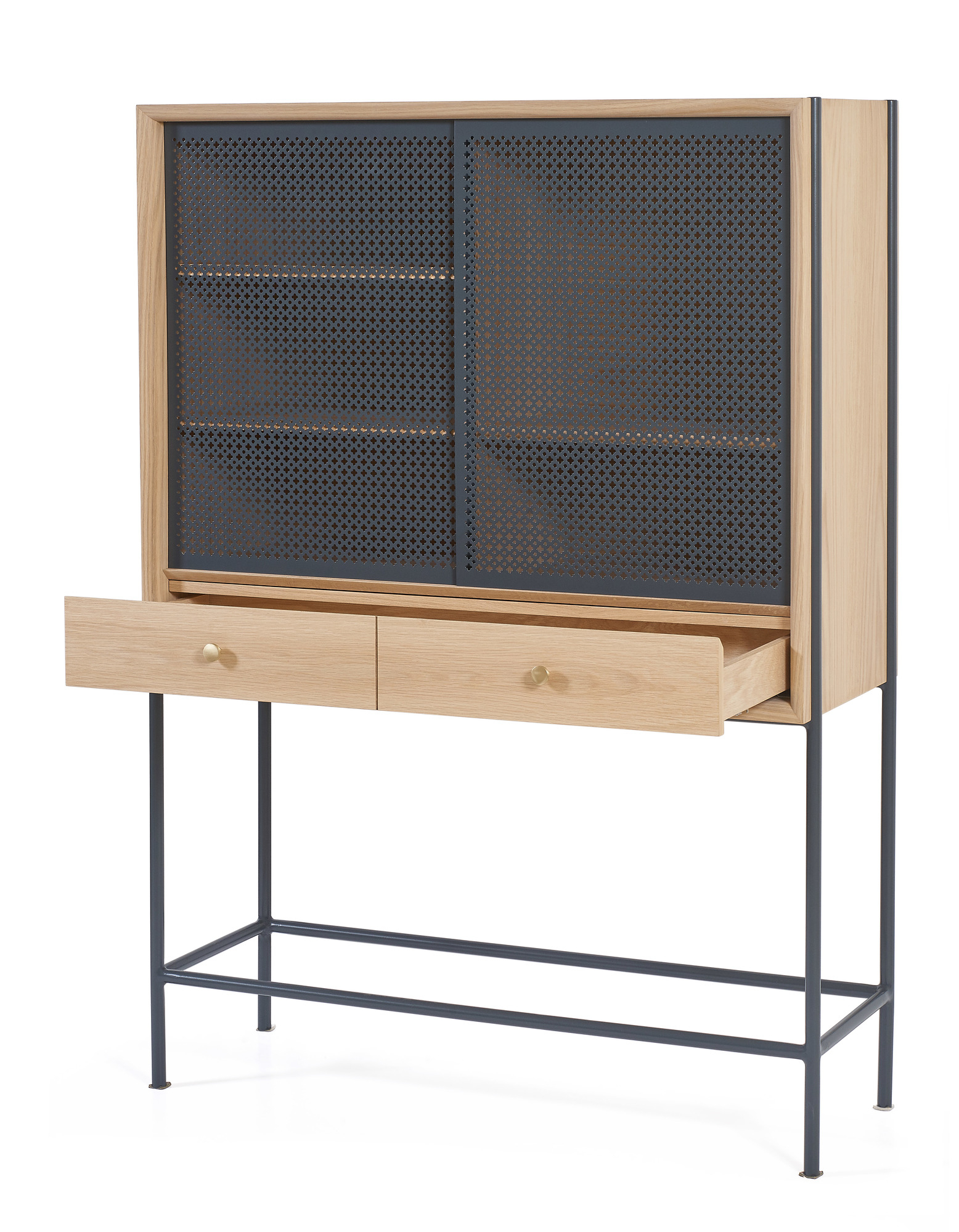 Hartô Gabin Anrichte aus Eiche mit Schiebetüren und Schubladen auf einem Metallgestell.