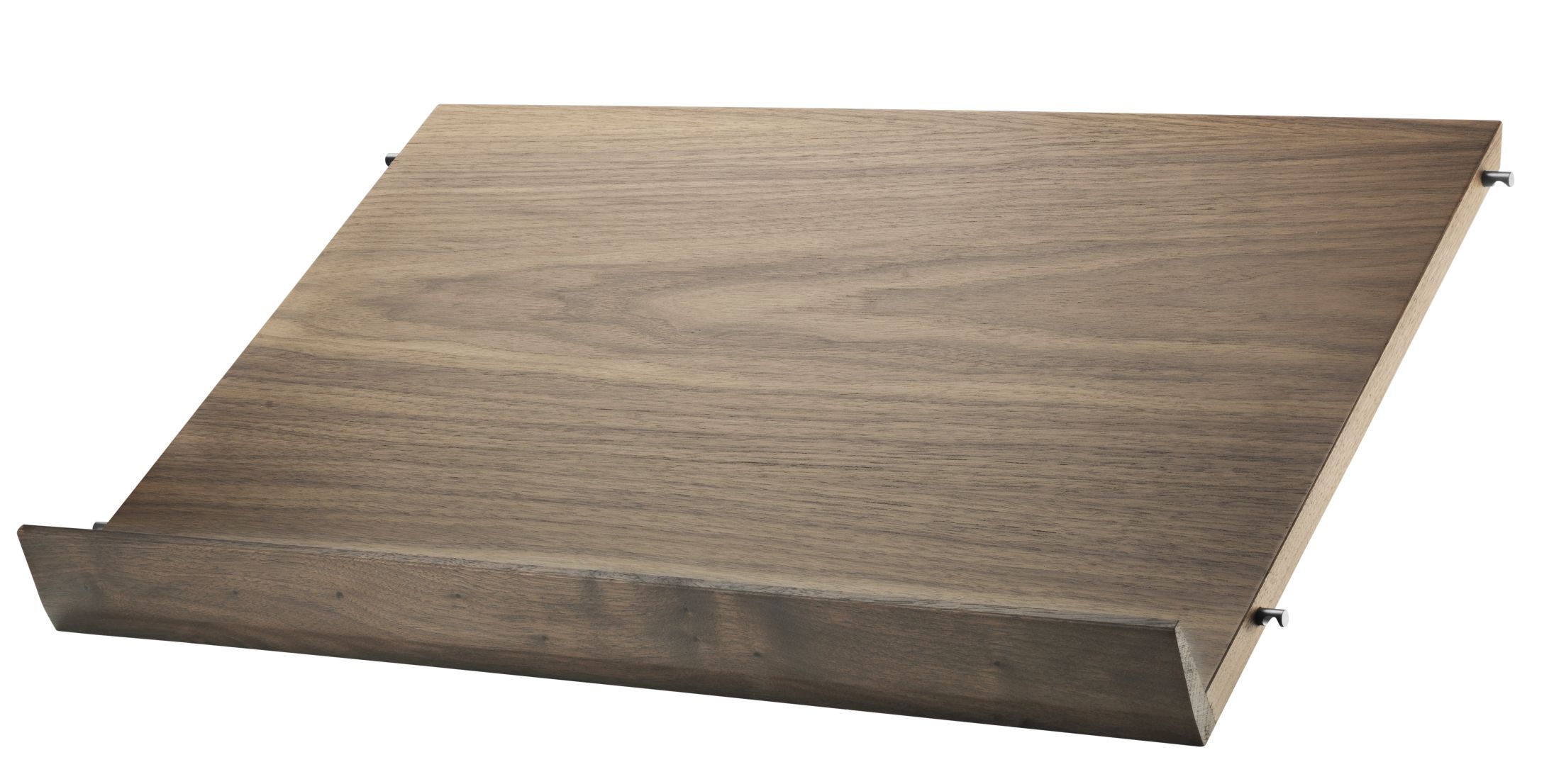 Zeitschriftenablage aus Walnussholz für String Regalsystem, Detailansicht der Holzmaserung und Befestigung.