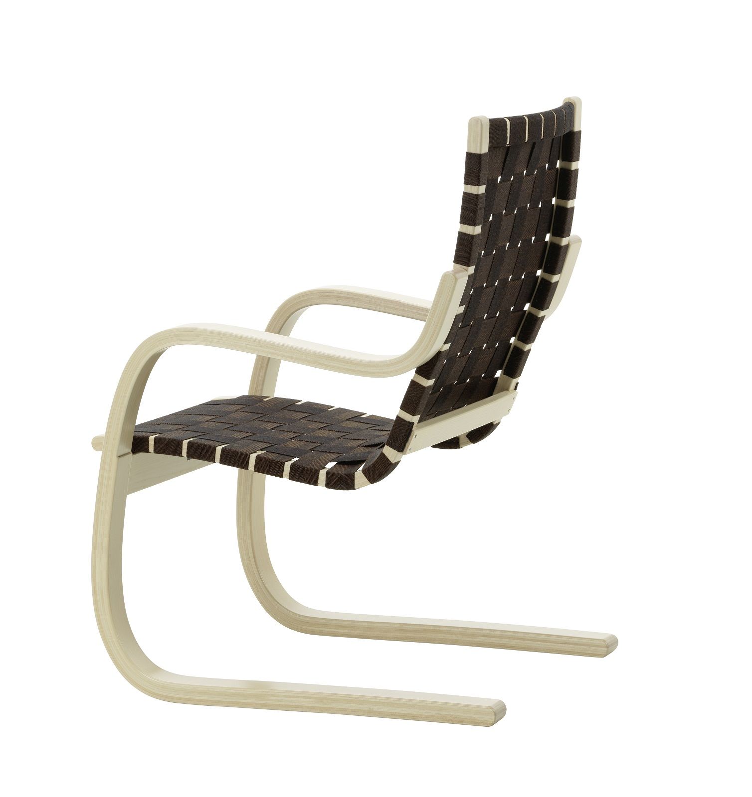 Armchair 406 Sessel Artek: Detailansicht des Holzgestells mit braunem Stoffgeflecht für Sitzfläche und Rückenlehne.