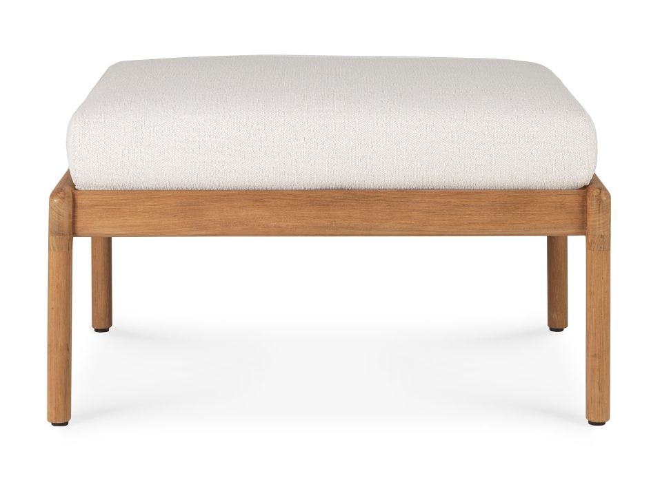 Jack Outdoor Polsterhocker von Ethnicraft: Quadratischer Hocker aus Teakholz mit weißem Polster für den Außenbereich.