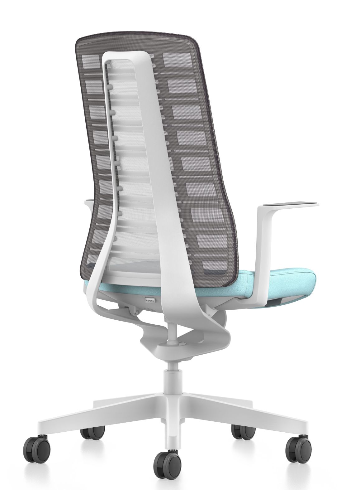 PUREis3 Drehstuhl von Interstuhl mit Netzrücken, weißem Gestell und blauer Sitzfläche. Ergonomischer Bürostuhl für gesundes Sitzen.