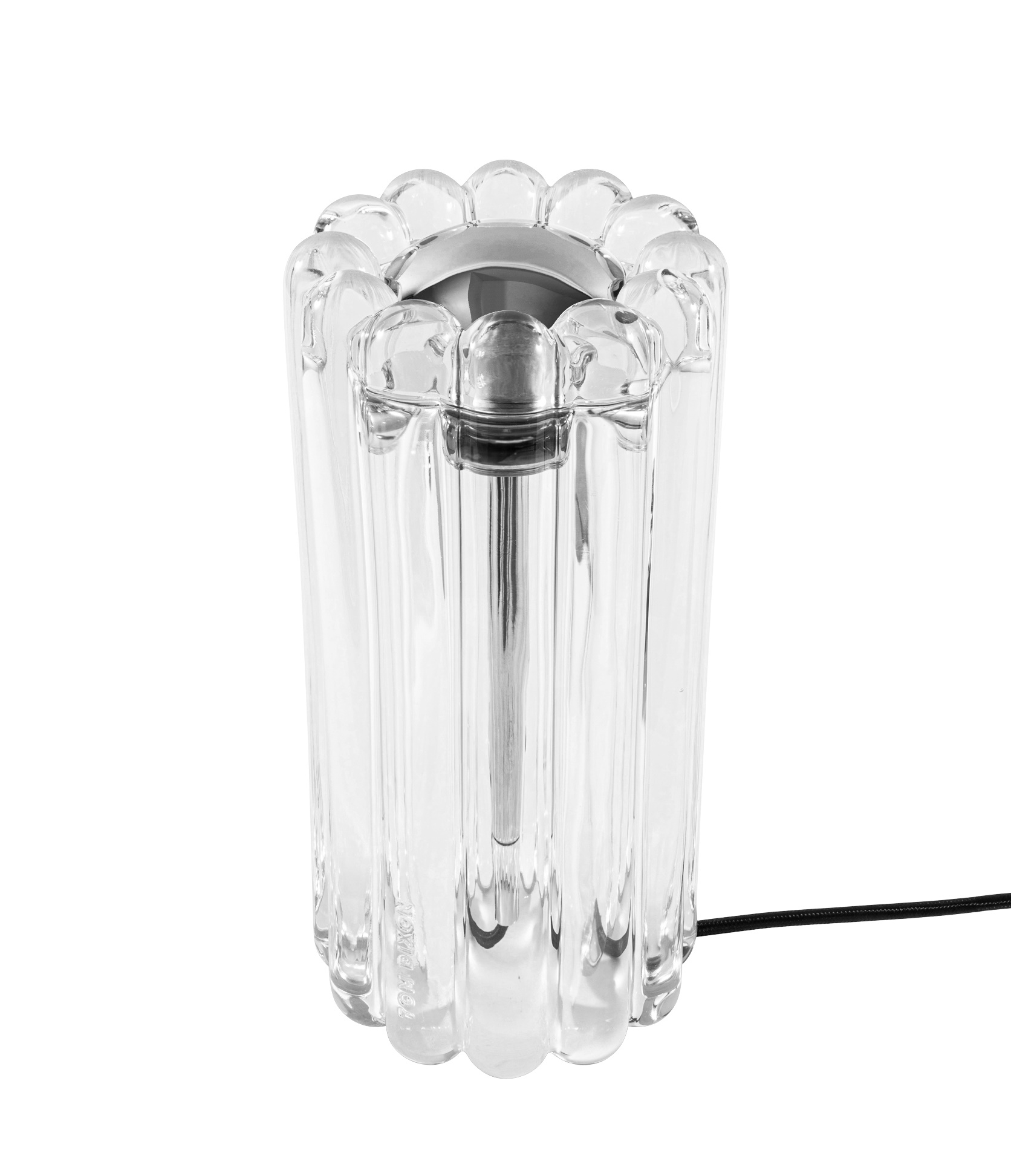 Transparente Press Tischleuchte von Tom Dixon aus dickem, geriffeltem Glas mit silberfarbenen Details.