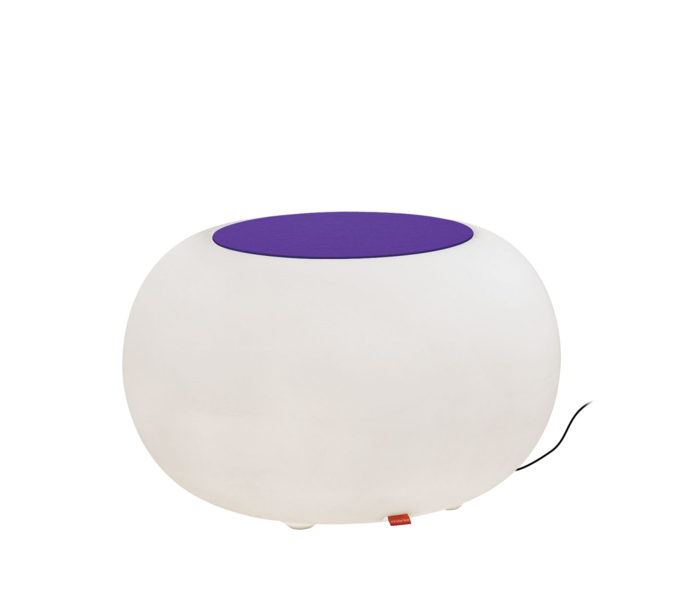 Moree Bubble Outdoor Sitzgelegenheit: Runde, weiße Leuchte mit violettem Sitzkissen für den Garten.