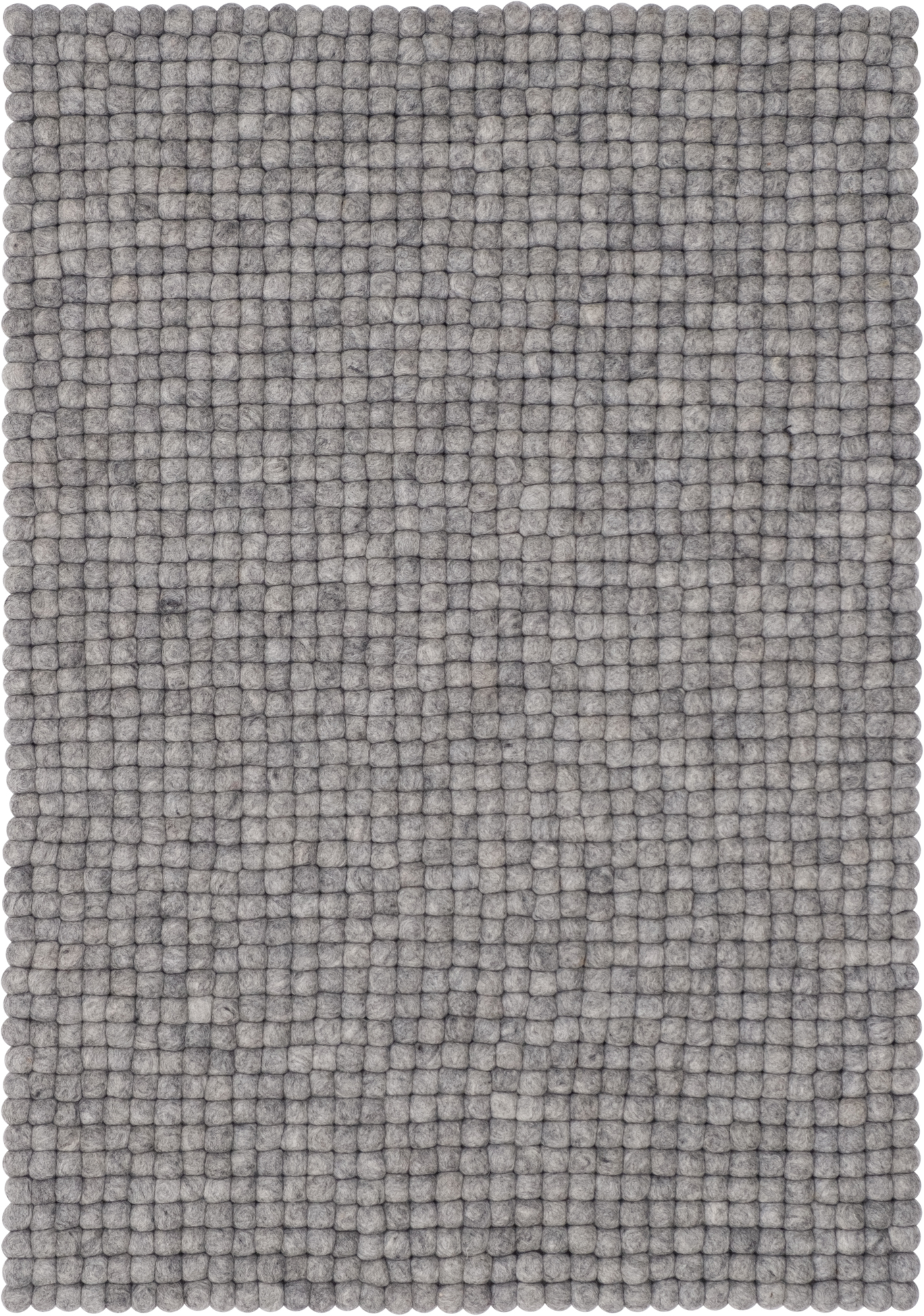 Grauer Myfelt Filzkugel Teppich, 120x170 cm, handgefertigt aus reiner Schurwolle, Detailaufnahme der Textur.