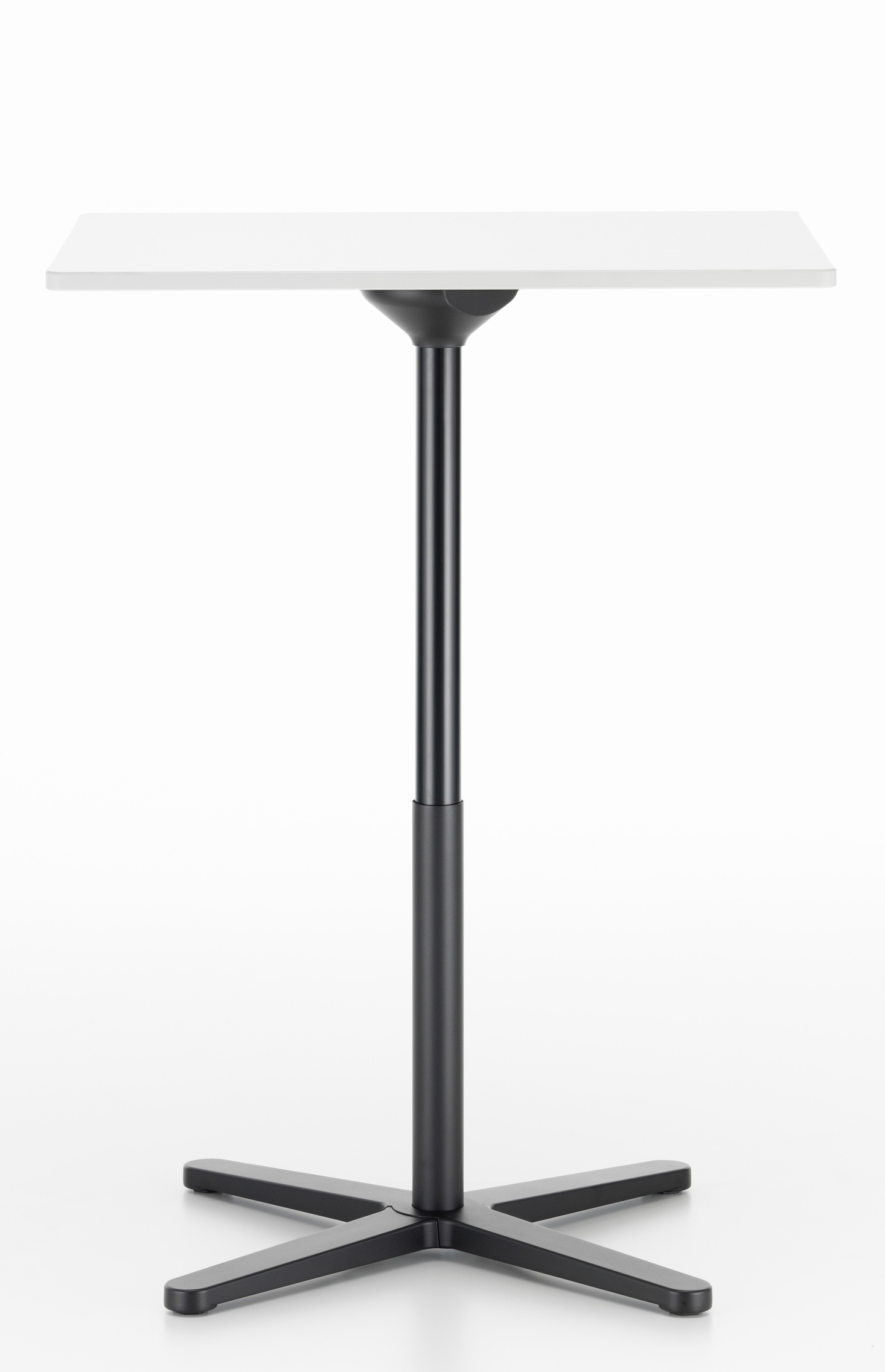 Vitra Super Fold Table High: Quadratischer Stehtisch mit weißer Tischplatte und schwarzem Gestell.