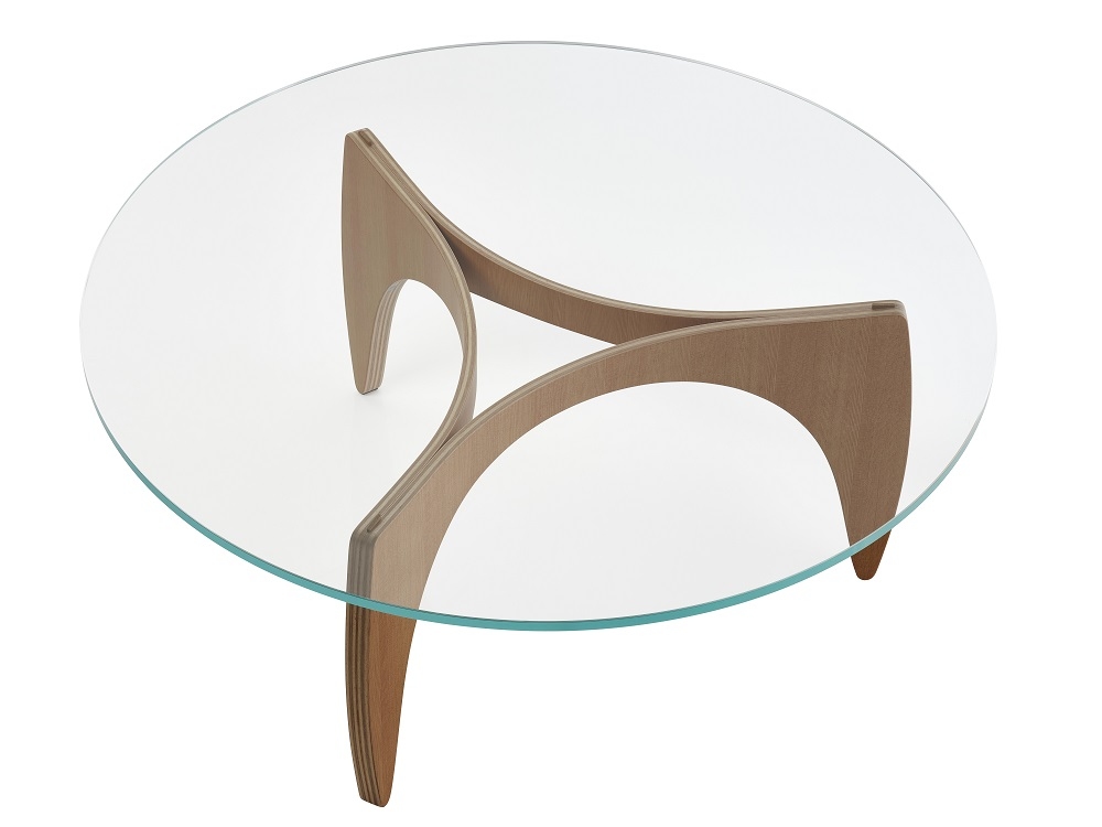 PK60 Couchtisch von Fritz Hansen mit runder Glasplatte und Holzgestell. Moderner Wohnzimmertisch.