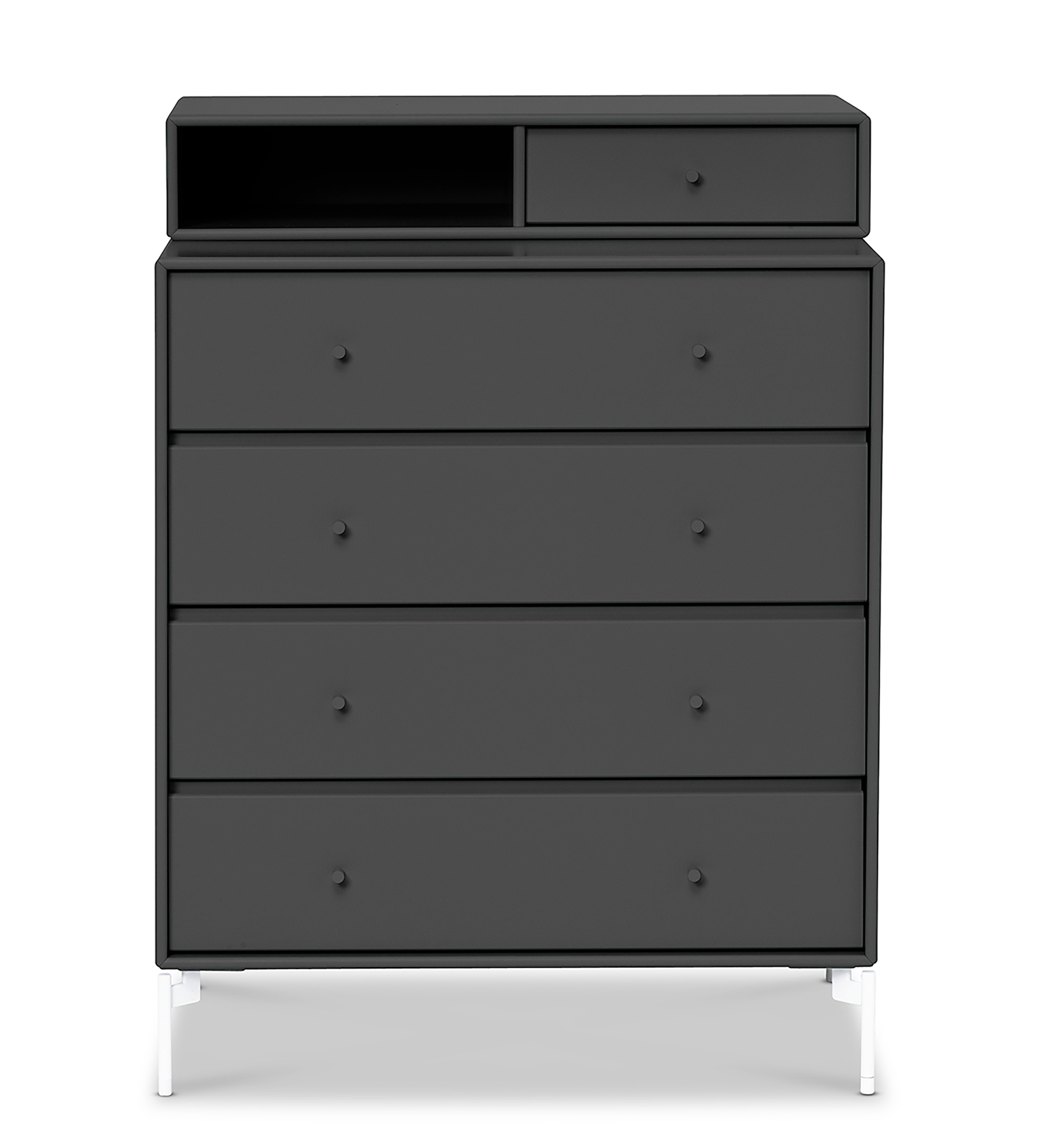 Anthrazitfarbene Kommode mit fünf Schubladen und Ablagefach, KEEP Serie, modernes Möbeldesign.