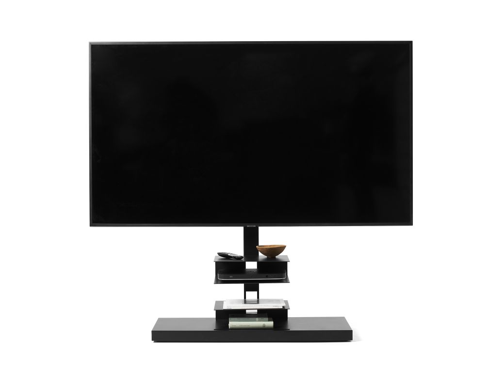 Schwarzer Ptolomeo TV-Ständer von Opinion Ciatti mit Ablageflächen für Zubehör und Dekoration.