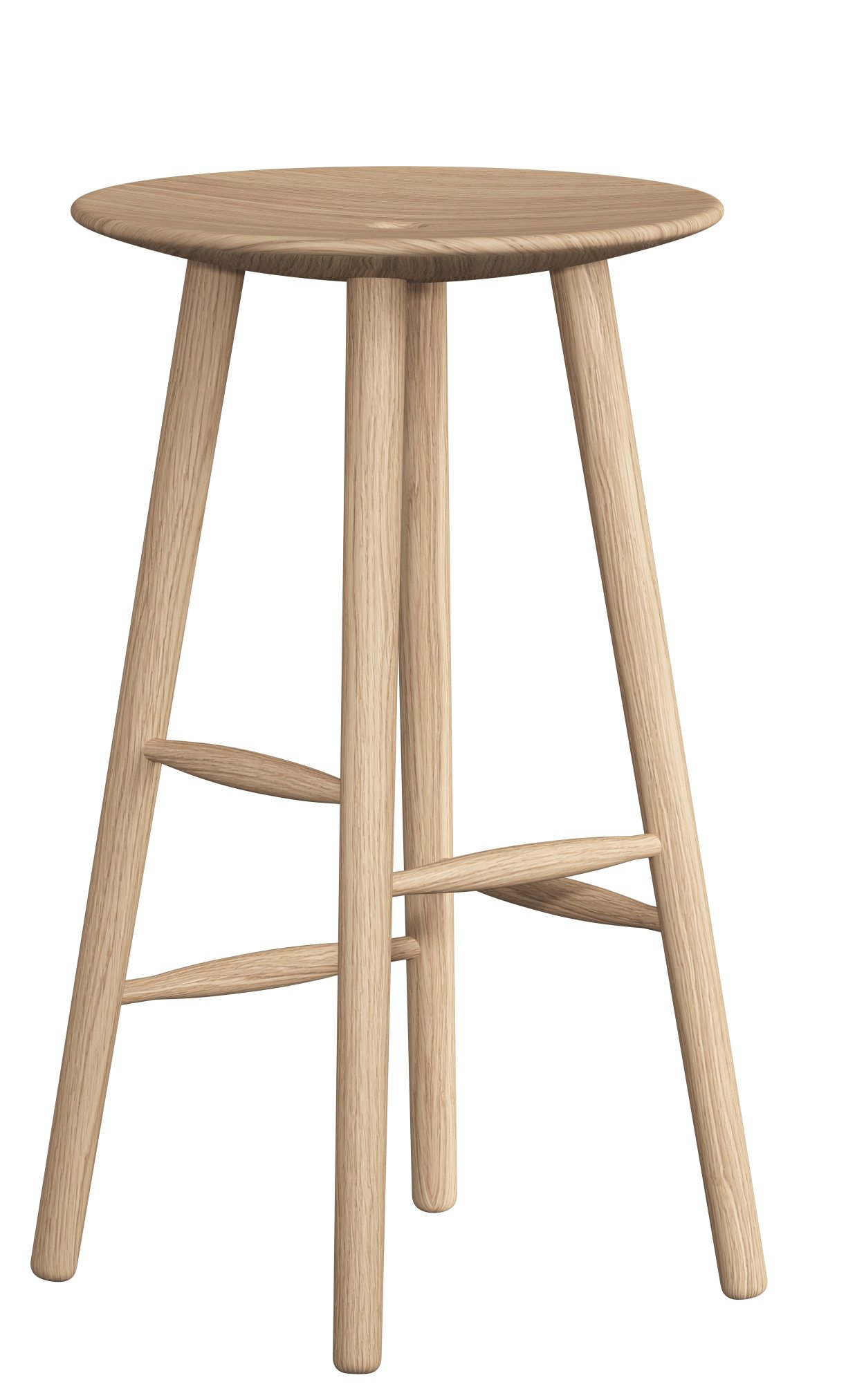 DI Volo Barhocker aus hellem Holz, Hocker mit drei Beinen und Fußstütze.