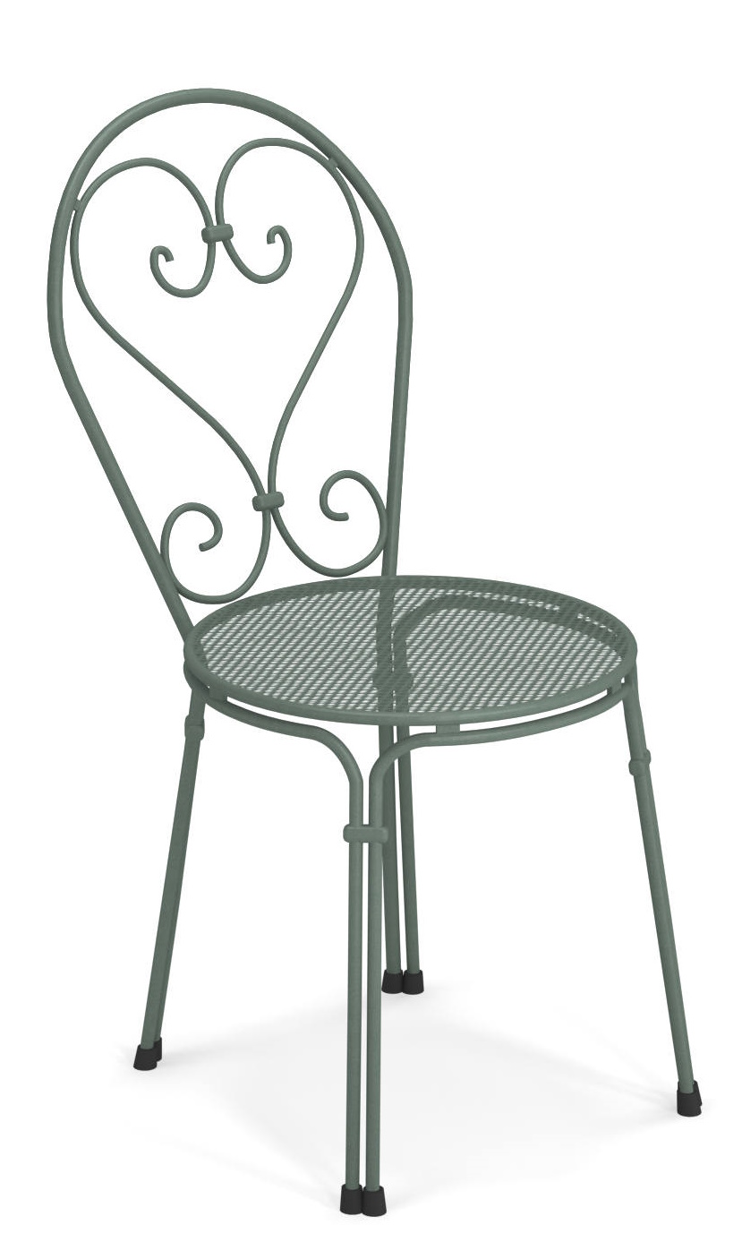 Grüner Pigalle Stuhl von Emu für den Außenbereich mit herzförmiger Rückenlehne und Gitterstruktur.