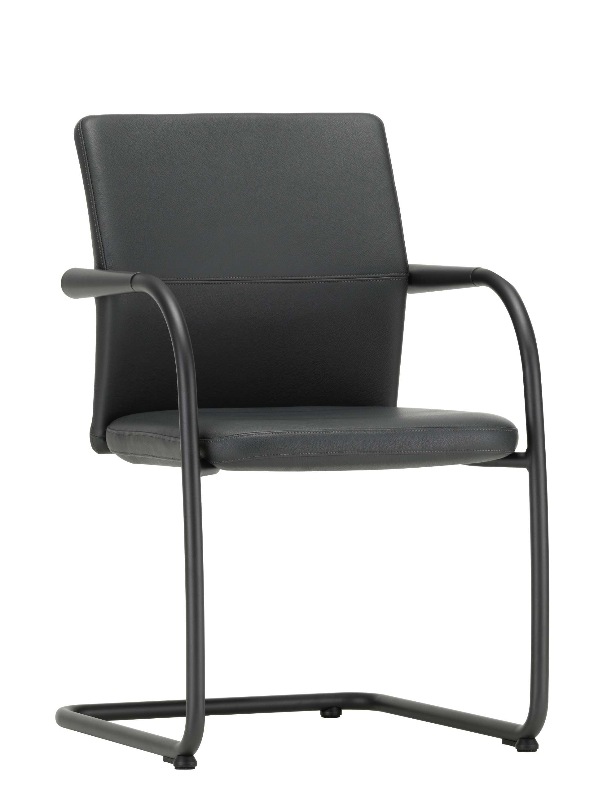 ID Visitor Freischwinger von Vitra: Bürostuhl mit Armlehnen und schwarzem Lederbezug.