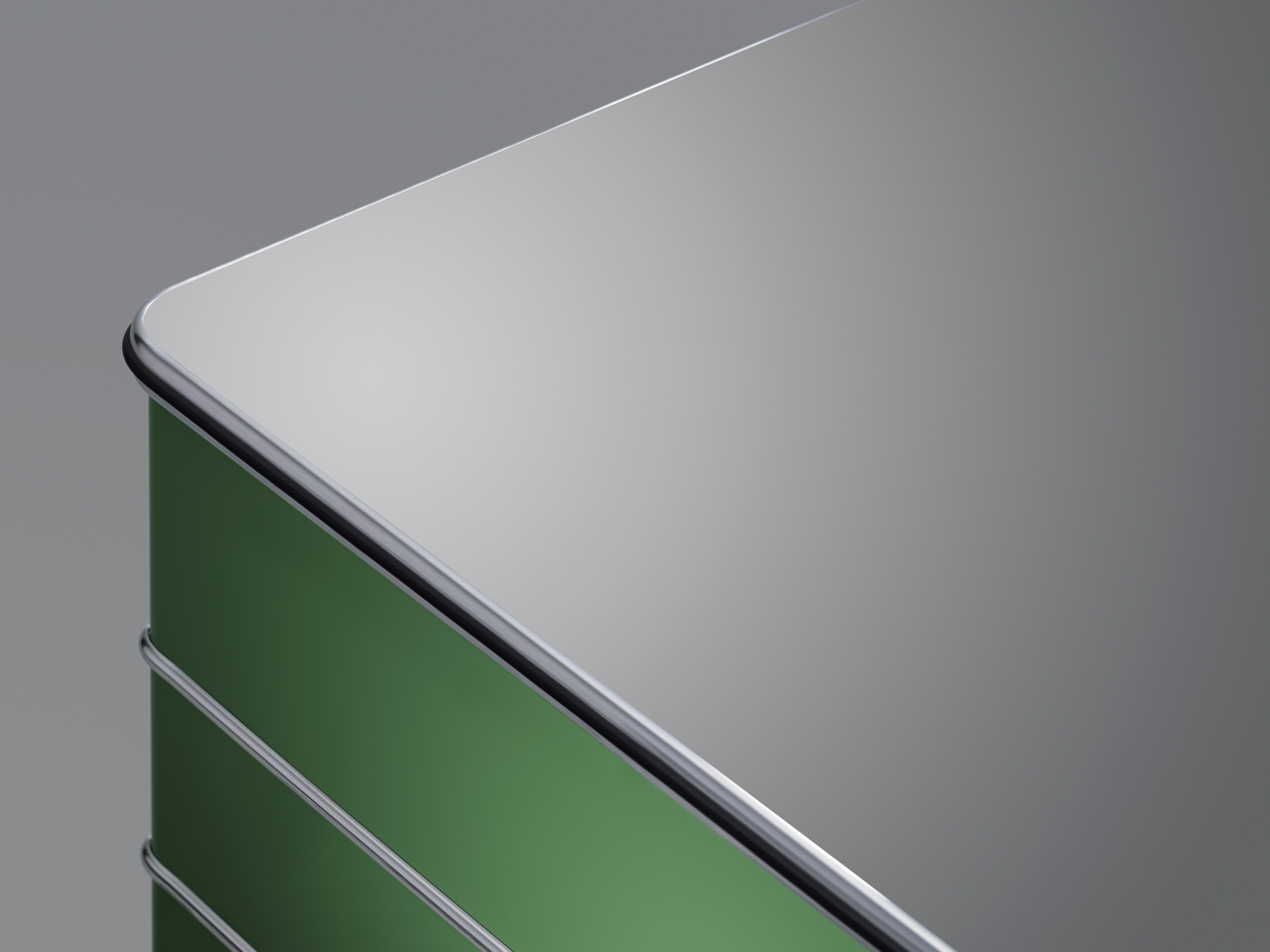 Detailaufnahme vom TB 225 Classic Line Schreibtisch von Müller Möbelfabrikation, Tischplatte in Weiß, Gestell in Grün.