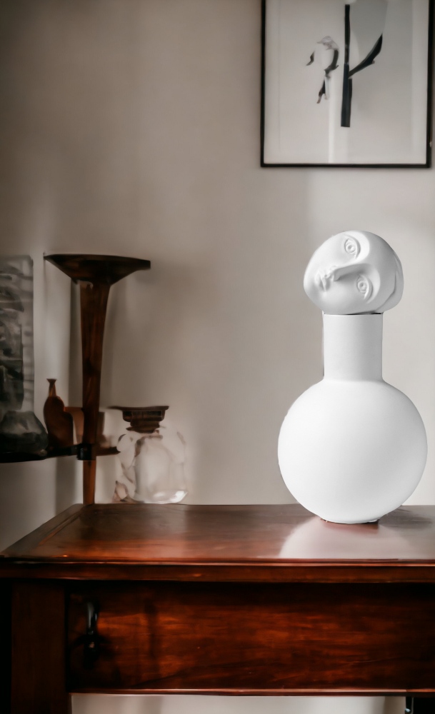 Weiße Luna Vase mit Gesicht auf einem Holztisch, moderne Dekoration und Wohnaccessoires.