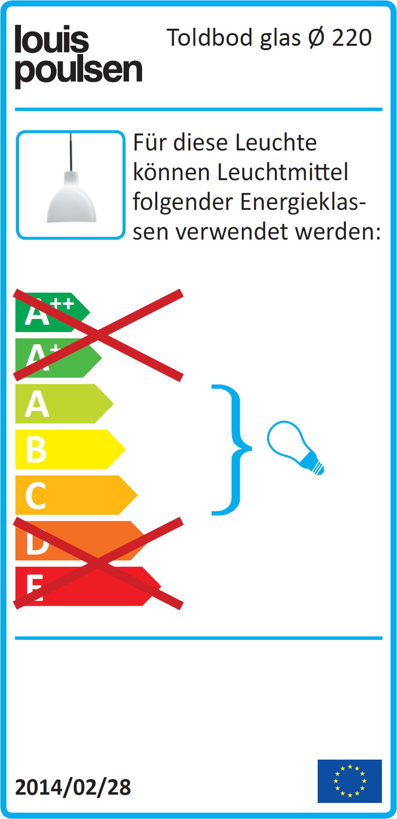 Energielabel für Louis Poulsen Toldbod 220 Glas Pendelleuchte, zeigt zulässige Energieklassen A bis C.