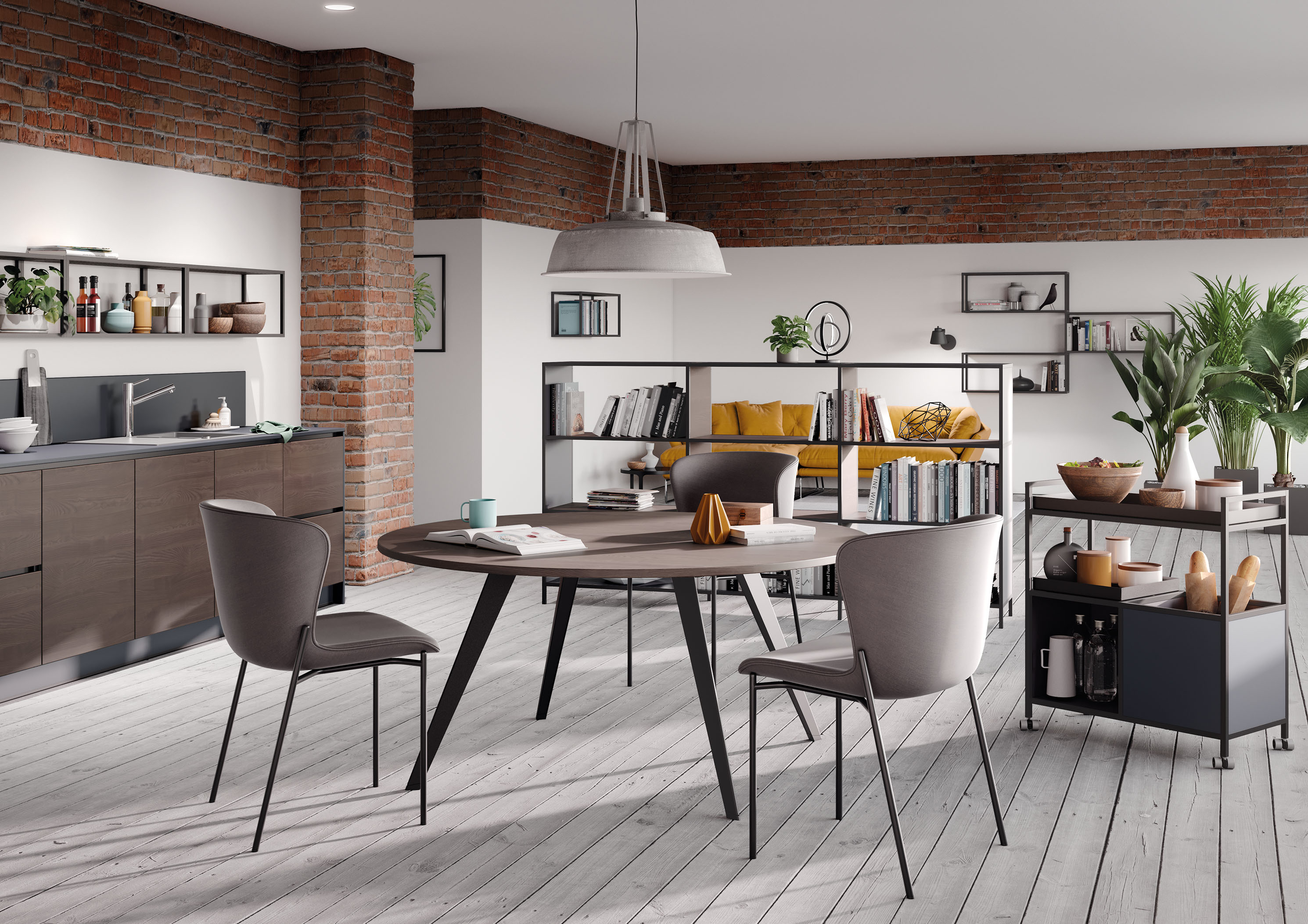Modernes Interieur mit Palmberg P4 Hängeregal, Bücherregal und Wohnaccessoires im Loft-Stil.