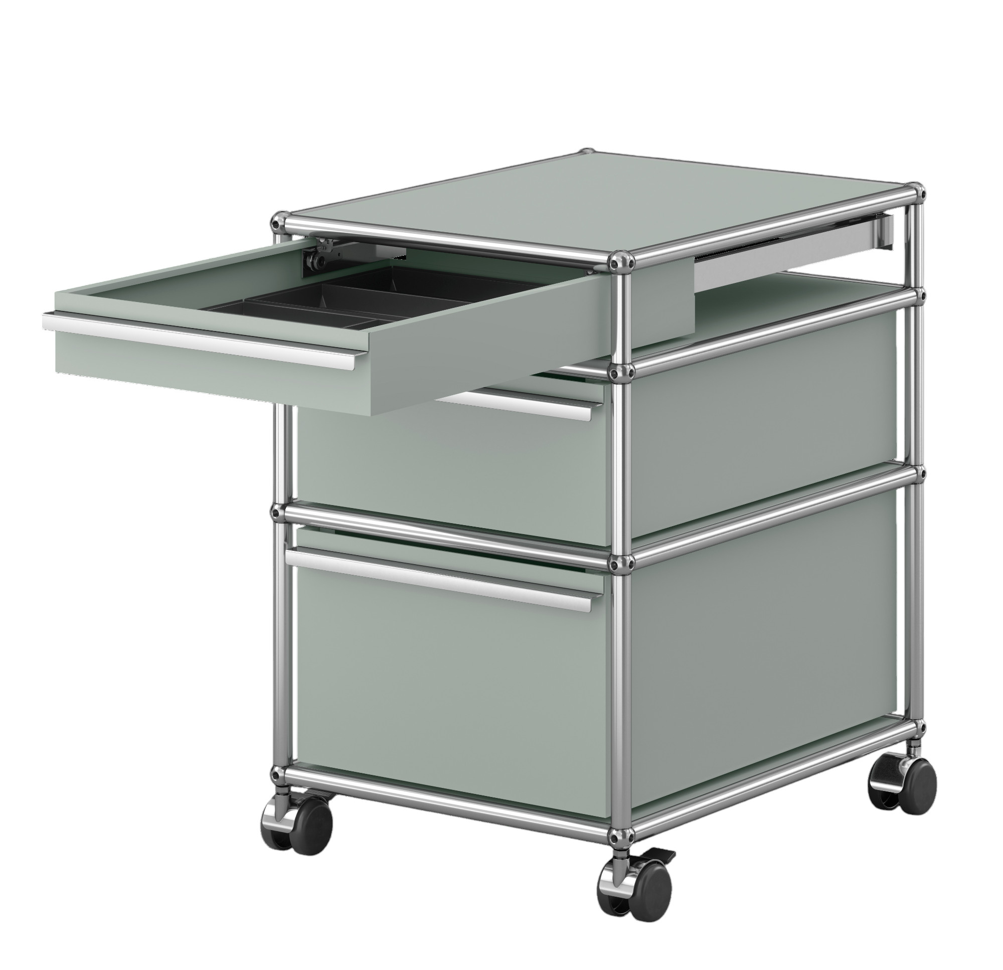 USM Haller Rollcontainer lichtgrau mit drei Schubladen, eine Schublade ist geöffnet und zeigt Facheinteilung.