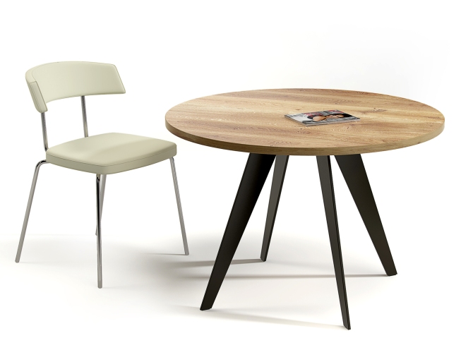 Enke Tisch rund Trebord: Runder Esstisch aus Holz mit schwarzen Beinen und einem Stuhl.