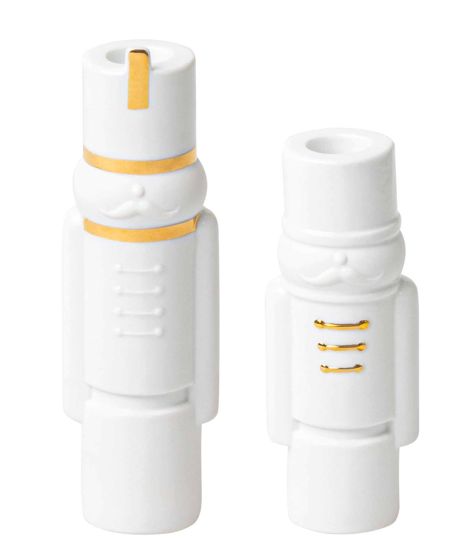 Zwei weiße Nussknacker Kerzenhalter von Räder mit goldenen Akzenten als Weihnachtsdeko.