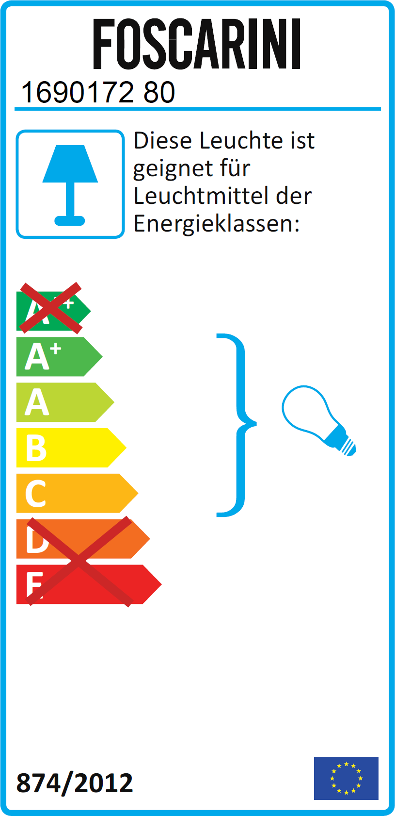 Energieeffizienzlabel für Foscarini Leuchte. Geeignet für Leuchtmittel der Energieklassen A+ bis C.