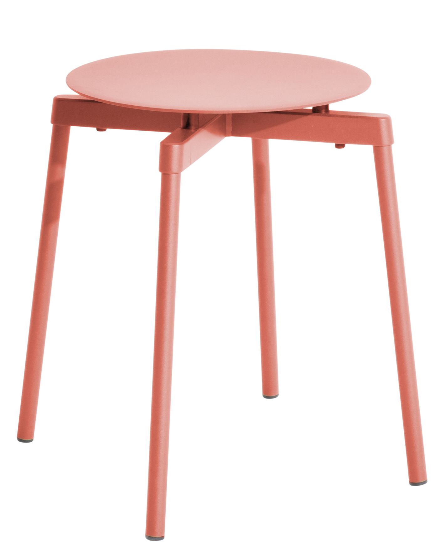 Korallfarbener Fromme Stool Hocker von Petite Friture mit runder Sitzfläche und vier Beinen.