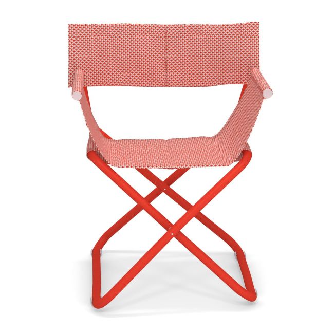 Snooze Regiestuhl Emu, indian braun-beige: Klappbarer Outdoor-Stuhl mit Stoffbezug und rotem Gestell für Garten und Terrasse.