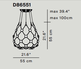 Skizze der D86 Mesh Deckenleuchte (Ø55cm) von Luceplan mit Maßangaben. Design Hängeleuchte.