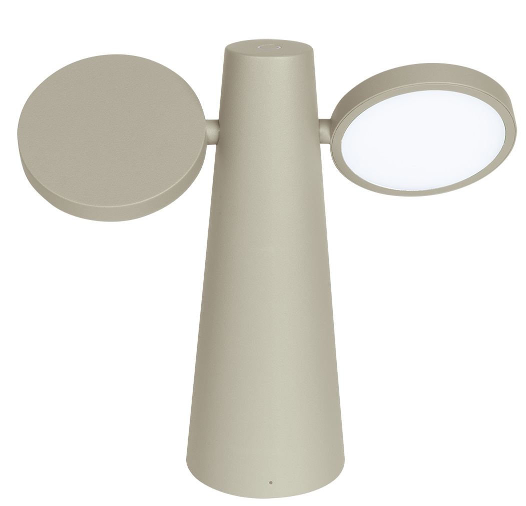 Oto Tischleuchte von Fermob in Lehmgrau: Moderne LED-Tischlampe mit zwei runden Leuchten.