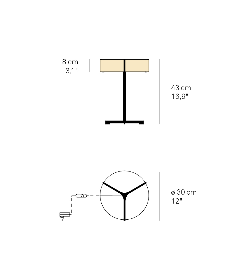 Thesis Table LED Tischleuchte LZF Lamps: Technische Zeichnung mit Maßen und Details der Lampe.