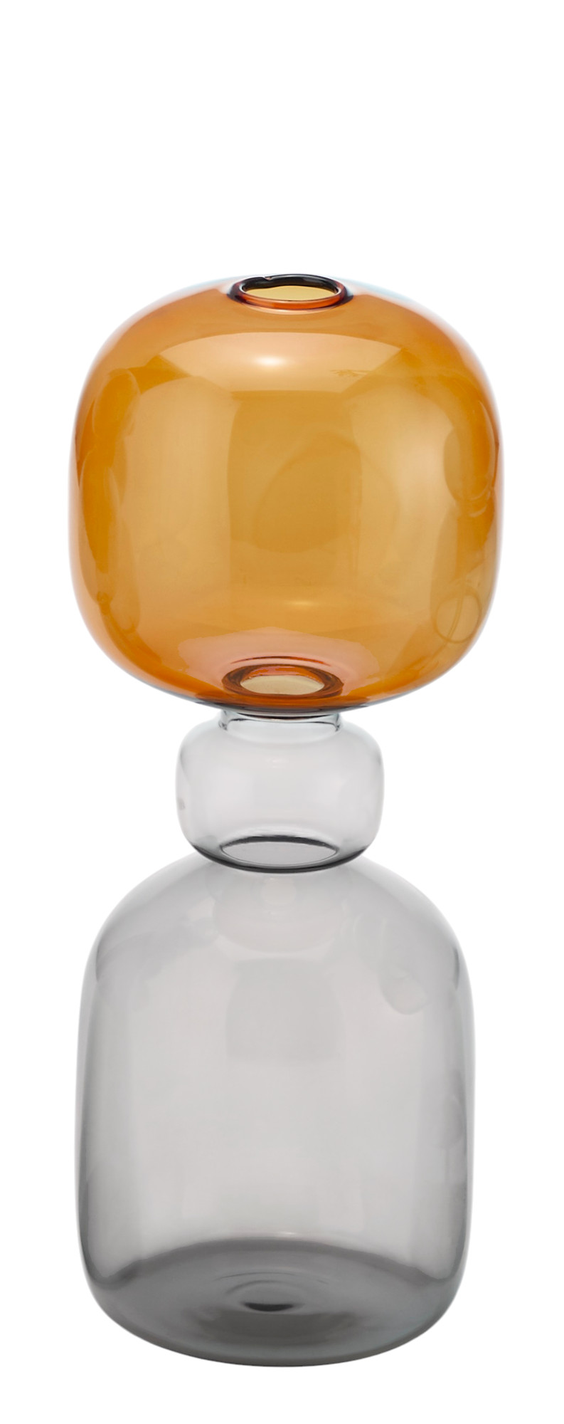 Curiosa Vase von Philippi: Moderne Glasvase in Sanduhr-Form, oben bernsteinfarben, unten grau.