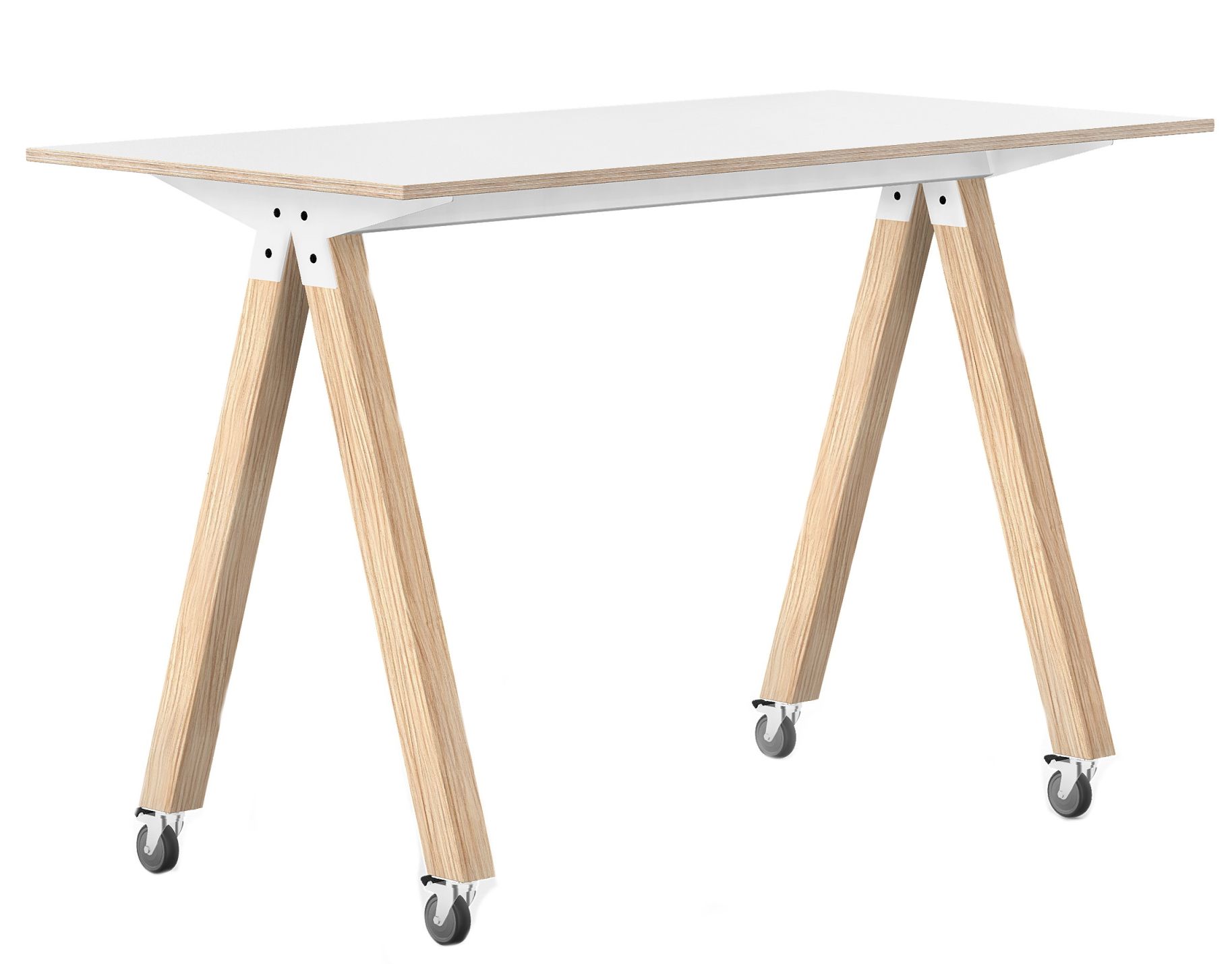 Interstuhl What if We Fly High Stehtisch 160 cm mit weißer Tischplatte und Holzgestell mit Rollen.