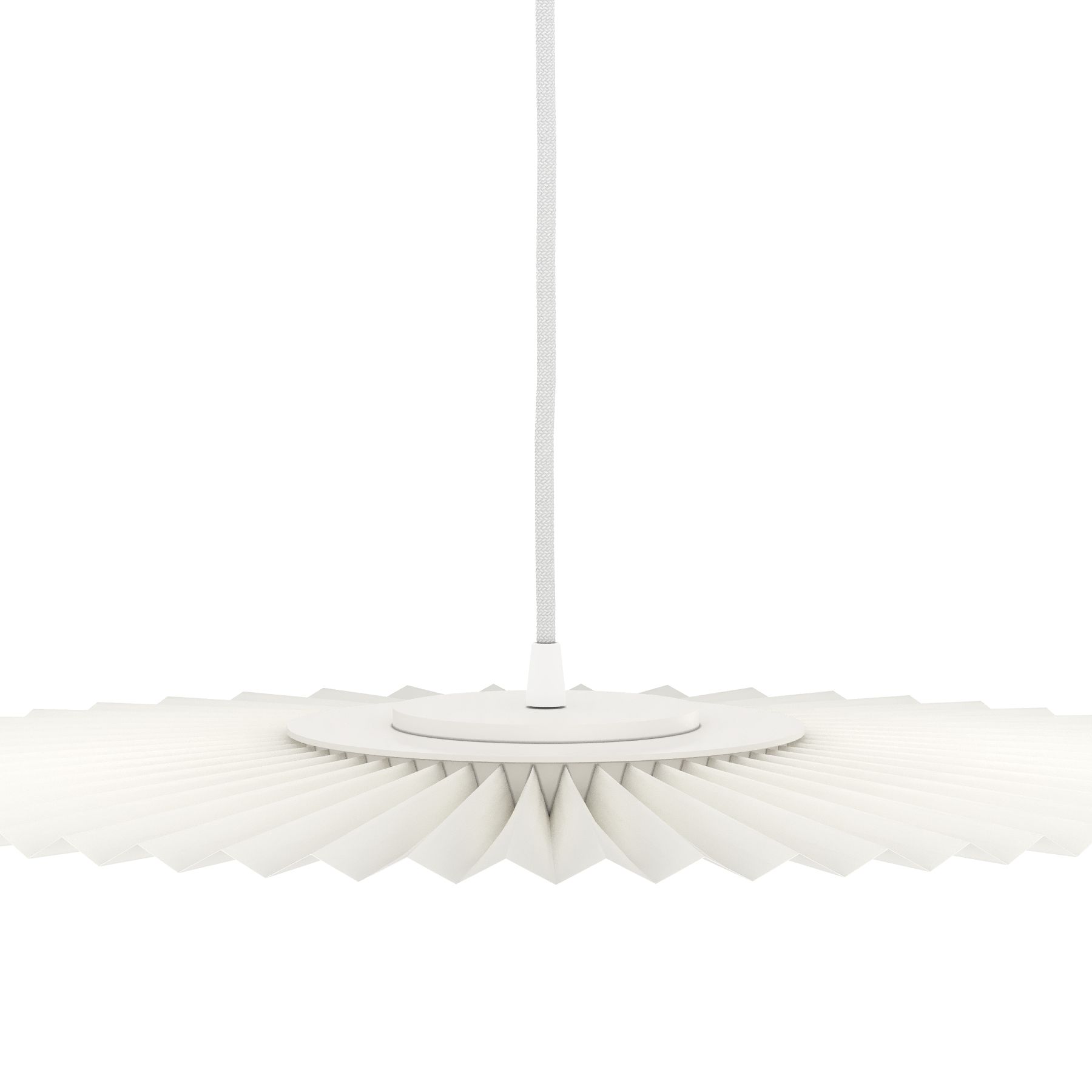 Weiße Hartô Pendelleuchte Carmen mit plissiertem Lampenschirm und Textilkabel für moderne Innenräume.