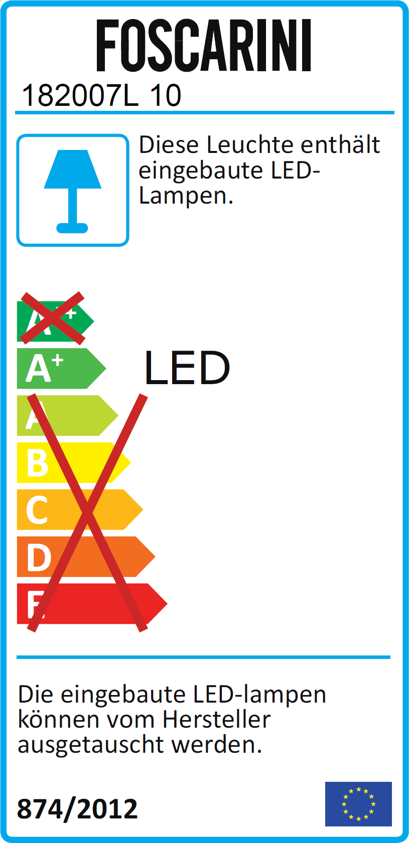 Energieeffizienzlabel der Foscarini Tress Grande LED Pendelleuchte mit Informationen zu LED-Lampen und Austauschbarkeit.