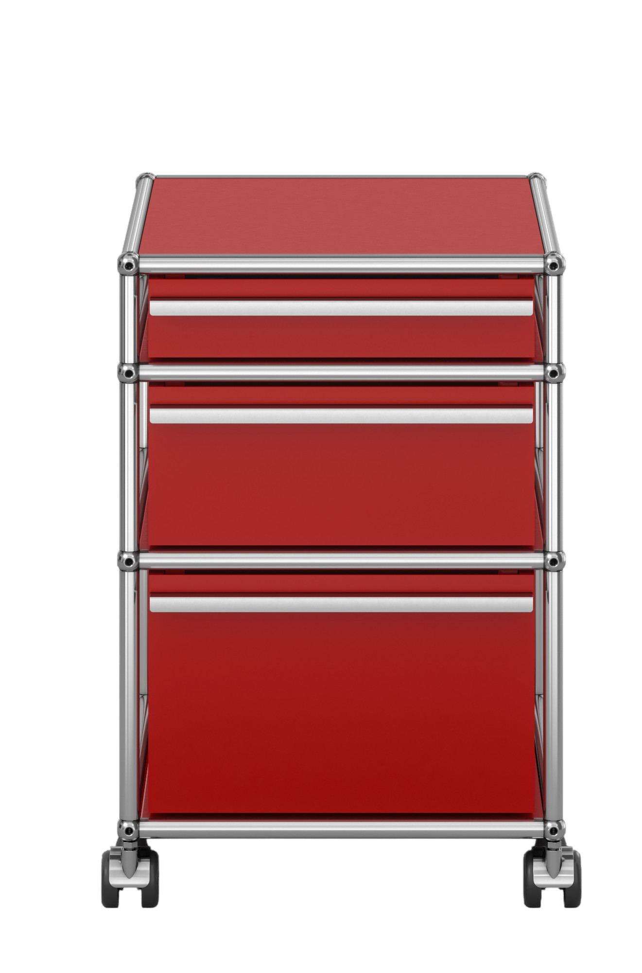 USM Haller Rollcontainer in Rubinrot mit drei Schubladen, Chromgestell und Rollen für Büro und Arbeitszimmer.