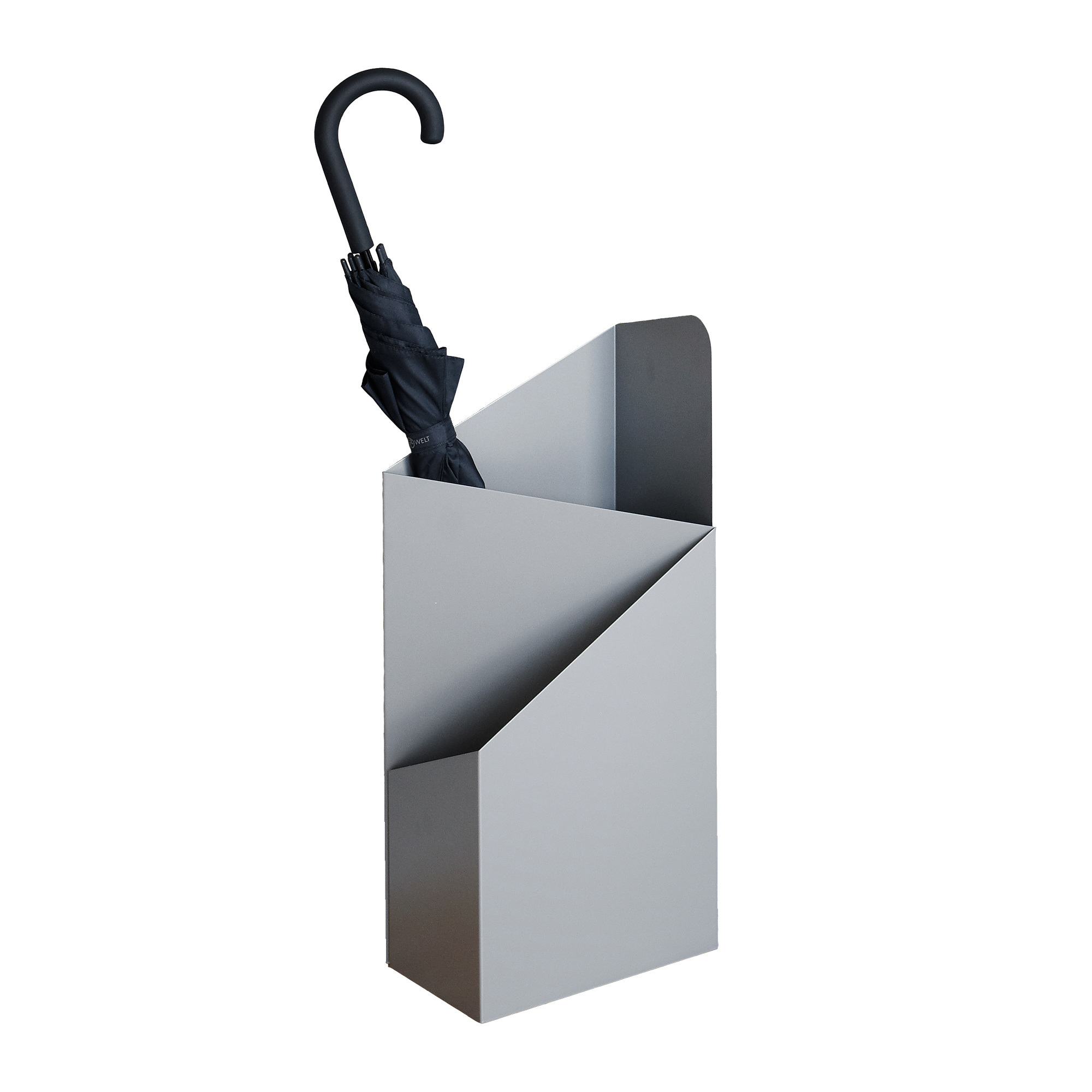 Via Schirmständer Mox grau mit schwarzem Regenschirm, moderner und platzsparender Schirmständer für Flur und Eingangsbereich.