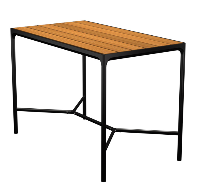 Houe Four Bar Table: Moderner Outdoor Bartisch mit schwarzem Gestell und Holzoptik Tischplatte.