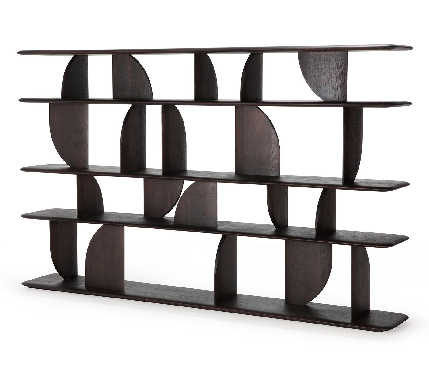 Lackiertes Teak Regal im geometrischen Design von Ethnicraft. Modernes Bücherregal aus Holz.