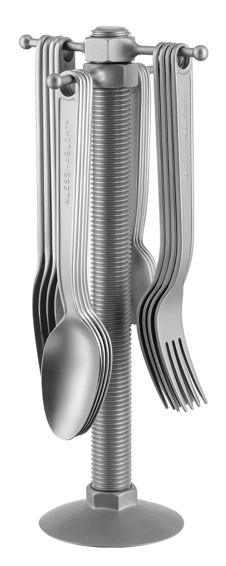 Alessi VA02 Besteckgarnitur auf ungewöhnlichem Ständer, modernes Design Besteckset aus Edelstahl.