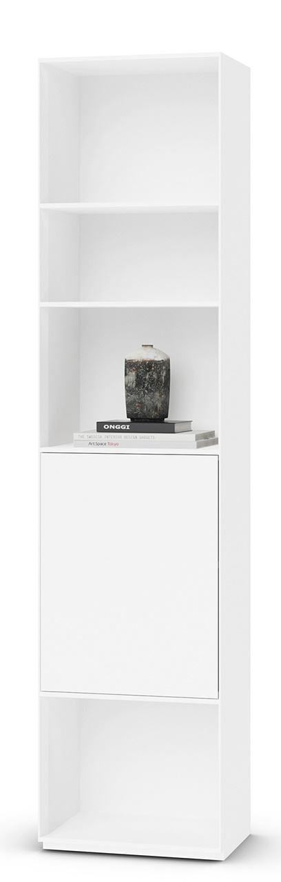 Weißes Nex Pur Regal mit Tür unten und Fachböden, modernes Design für Wohnzimmer.