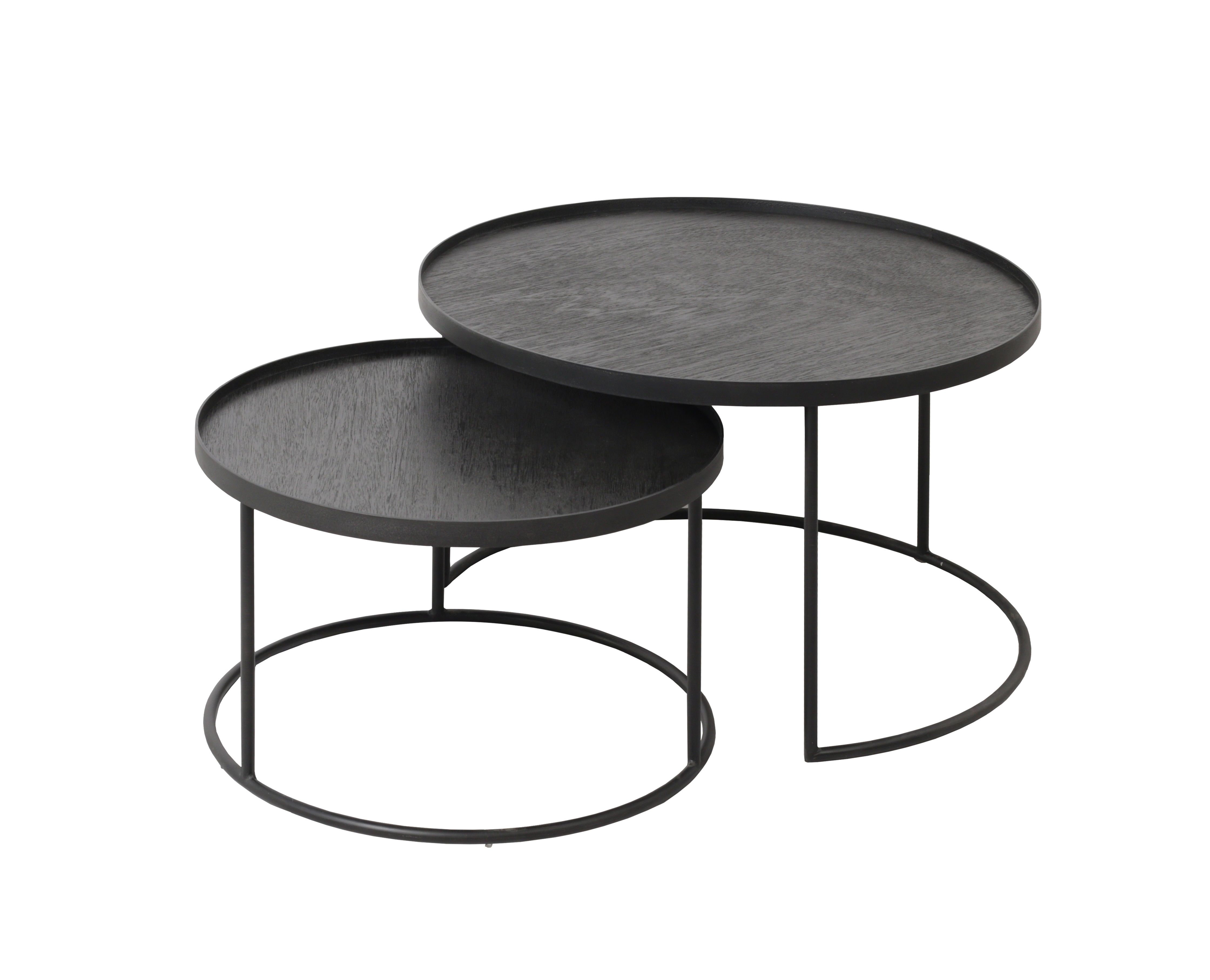 Couchtisch 2er Set Ethnicraft: Runde, schwarze Beistelltische aus Holz und Metall. Modernes Wohnzimmer Design.