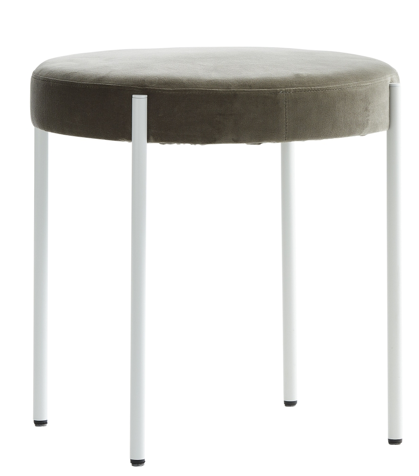Verpan Hocker Series 430 mit olivgrünem Samtbezug und weißen Beinen. Moderner Sitzhocker.