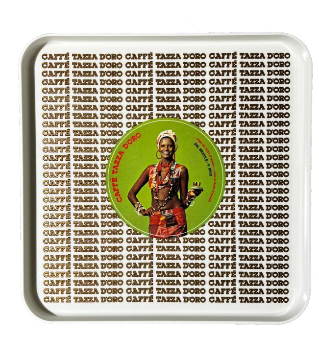 Quadratisches Caffè Tazza d'Oro Tablett mit Retro-Design und afrikanischem Motiv. Serviertablett für Kaffee und Getränke.